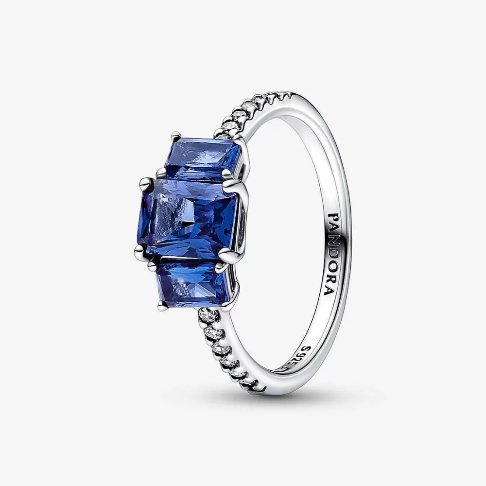 Best Pandora Anel Blue Rectangular Three Stone Sparkling Azul