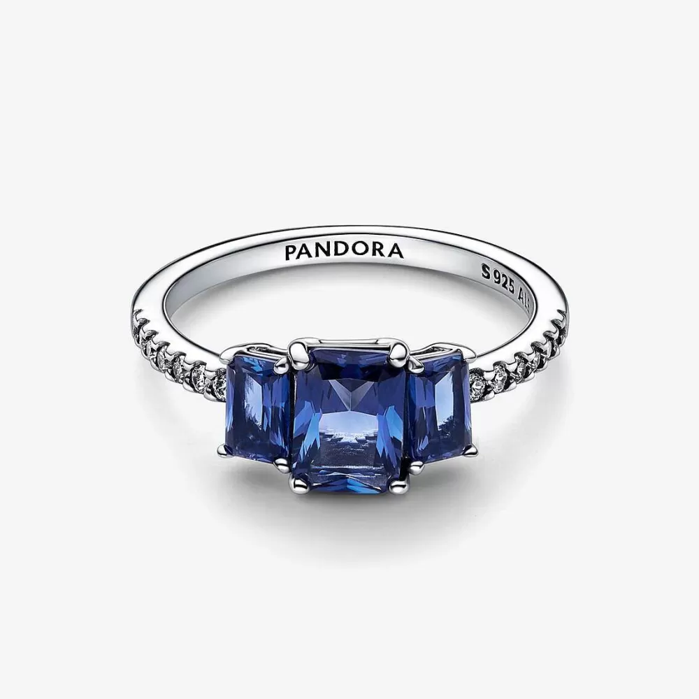 Best Pandora Anel Blue Rectangular Three Stone Sparkling Azul