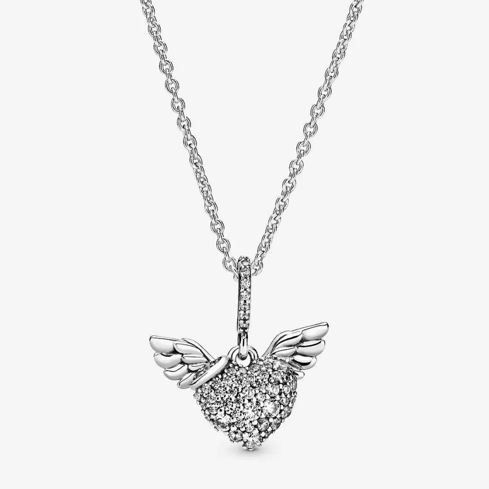 Online Pandora Colar Pave Heart & Angel Wings